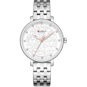 CURREN 9046 Quartz Women Wristwatch Carved Flower Embroidered Style Watch for Ladies Womens Watches with Leatherette PU Strap Stainless Steel Band Waterproof Wearable Accessories