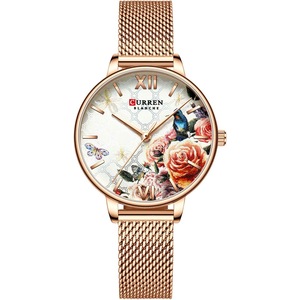 CURREN 9060 Women's Casual Flower Dial 3ATM Waterproof Stainless Steel Mesh Strap Quartz Watch