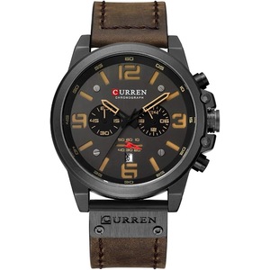 CURREN Dark Brown Chronograph Fashion Trend Multi-Function Waterproof Quartz Watch Leather Strap Military Watch (Coffee)