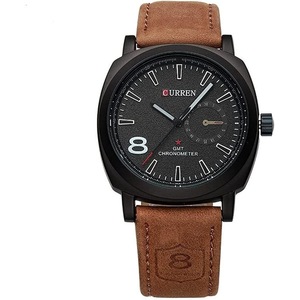 CURREN Men's Analog Watch Gun Metal Steel Case Black Dial Date Subdial Brown Leather Strap