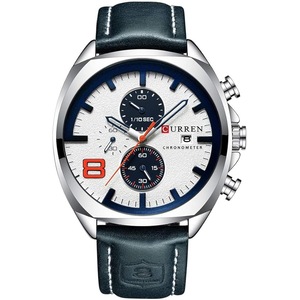 CURREN Mens Leather Strap Watches Classic Casual Dress Stainless Steel Waterproof Chronograph Date Analog Quartz Watch, Silver/white, sports