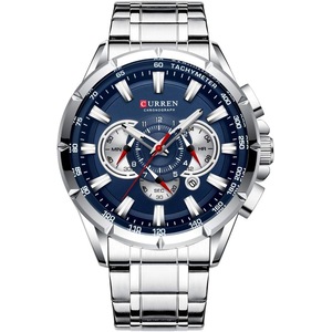 Curren Watch Curren Wrist Watch Men Waterproof Chronograph Military Army Stainless Steel Male Clock Man Sport Watches 8363 (Silver Blue)