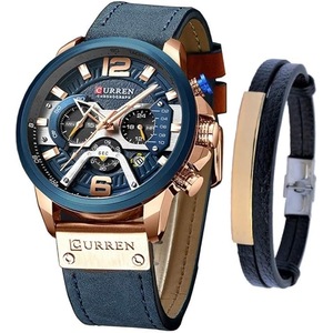 CURREN Watches Men Quartz Leather Chronograph Watch and Fashion Bracelet Set Analog Watches for Men Luxury Wristwatch Gifts for Dad Boyfriend, Blue, Quartz Watch,Chronograph