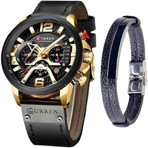 CURREN Watches Men Quartz Leather Chronograph Watch and Fashion Bracelet Set Blue Watches for Men Luxury Wristwatch Gifts (Gold)