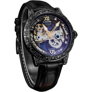 FORSINING Men Vintage Mechanical Self-Wind Watch, Gorgeous Carving Totem Bezel?Luxury Double-Sided Hallow Skeleton Dail with Diamond Scale Automatic Watches, Big Dial Leather Strap Wristwatch