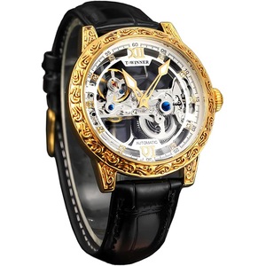 FORSINING Men Vintage Mechanical Self-Wind Watch, Gorgeous Carving Totem Bezel?Luxury Double-Sided Hallow Skeleton Dail with Diamond Scale Automatic Watches, Big Dial Leather Strap Wristwatch