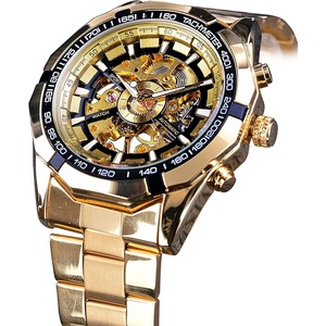 Forsining Sport Men Mechanical Wristwatch Golden Stainless Steel Skeleton Transparent Waterproof Watch
