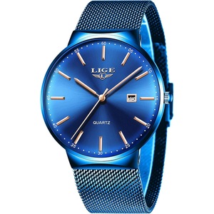 LIGE Men's Fashion with Blue Leather Quartz Watch Strap Chronograph Waterproof Auto Date Analog Full Blue Men Wrist Watches