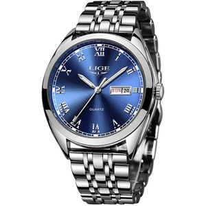 LIGE Mens Watches Fashion Elegant Analog Quartz Stainless Steel Business Male Wristwatches with Date 3ATM Waterproof Classic Casual Gents Dress Watch Round Dial, Silver Blue, bracelet
