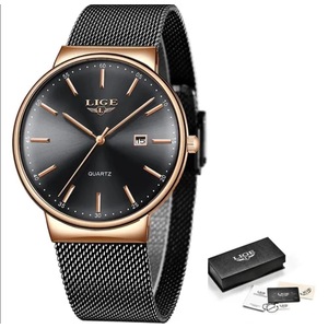 LIGE Mens Watches Fashion Ultra Thin Watch Man Waterproof Date Quartz WristWatch for Men Business Male Clock Relogio Masculino (Black)