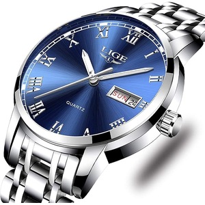 LIGE Watch for Men Fashion Elegant Analog Quartz Watch Male Casual Waterproof Stainless Steel Calendar Luxury Business Gents Dress Wristwatch Round Dial