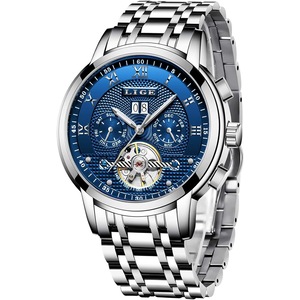 LIGE Watches Mens Fashion Automatic Mechanical Watch Men Waterproof Business Wrist Watch for Men, Blue Silver, bracelet