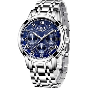 LIGE Watches Mens Full Stainless Steel Waterproof Analog Quartz Watch Men Chronograph Calendar Business Wristwatch for Men