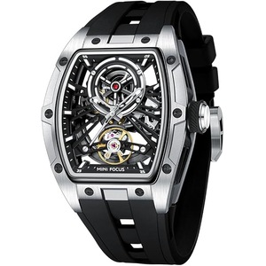 MF MINI FOCUS Unique Men Watches,Automatic Mechanical Watch,Luxury Hollow Tonneau Watches for Men with Stainless Steel Case and Silicon Band (Self-Wind Movement/5ATM Waterproof/Super_Luminous)