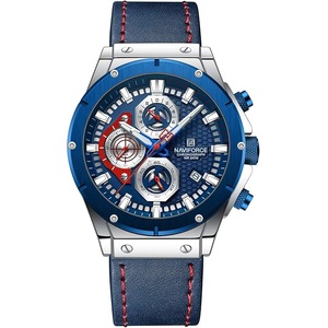 NAVIFORCE Fashion Genuine Leather Chronograph Quartz Watch for Men Auto Date Sport Waterproof Analog Wrist Watches (Blue)