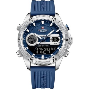 NAVIFORCE Men's Watches Military Digital Analog Quartz Watch with Alarm for Men Dual Time Alarm Chronograph Waterproof Military Watches (Silver Blue)
