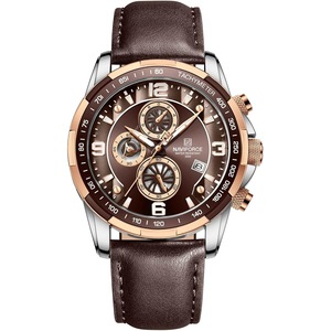 NAVIFORCE Sport Watches for Men Analog Quartz Chronograph Leather Strap Wrist Watch, Coffee, sport