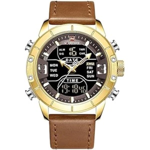 Naviforce Watch for Men, Quartz Movement, Analog-Digital Display, Brown Leather Strap-9153L G-B-L.BN, brown, bracelet