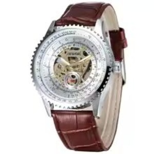 New Arrival Men's Skeleton Mechanical Watch Analog Automatic Self-wind Silver Case Brown Leather Strap Fashion Men Watch