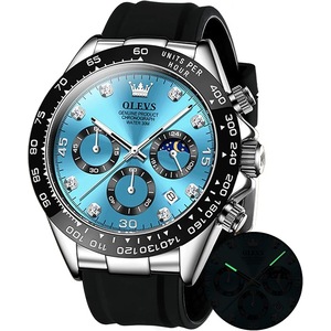 OLEVS Men's Watches Chronograph Multifunction Sport Silicone Luxury Diamond Moon Phase Quartz Male Watch Waterproof Wrist Watch , Blue, Chronograph,Quartz Watch