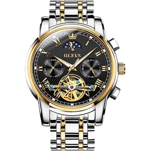 OLEVS Men Watches Gold Automatic Self Winding Stainless Steel Mechanical Multifunction Chronograph Analogue Waterproof Date Luminous Gent Wrist Watch