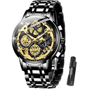 OLEVS Men Wrist Watch Skeleton Stainless Steel Luxury Quartz Chronograph Waterproof Fashion Luminous Watches for Men