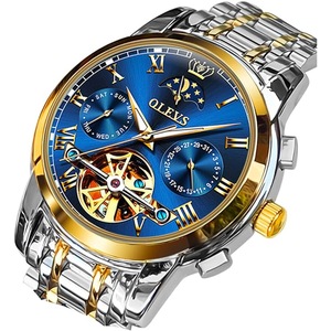 OLEVS Mens Watch Automatic Mechanical Winding Moon Phase Stainless Steel Two Tone Date Waterproof Luminous