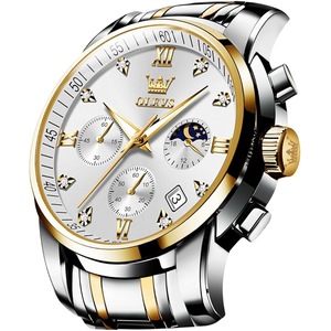 OLEVS Mens Watches Chronograph Business Dress Quartz Stainless Steel Watch Waterproof Luminous Date Wrist Watch Multi-Function Diamond Roman Numerals Big Face Watch for Men