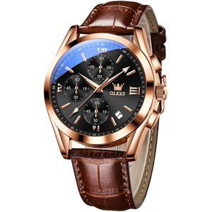 OLEVS Watch for Men Chronograph Brown Leather Strap Classic Fashion Analog Quartz Big Dial Casual Waterproof Luminous Wrist Watches
