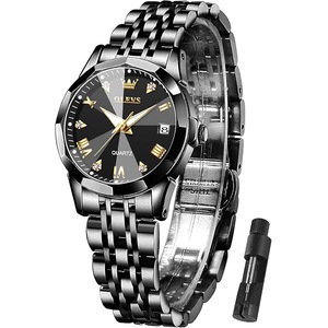 OLEVS Womens Watch Fashion Dress Diamond Roman Numerals Ladies Analog Quartz Stainless Steel Waterproof Luminous Date Female Watch Gift