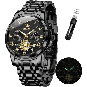 OLEVS Wrist Watches for Men Two Tone Stainless Steel Waterproof Quartz Watch Diamond Chronograph Moon Phase Gold Blue Black Dial Male Watch