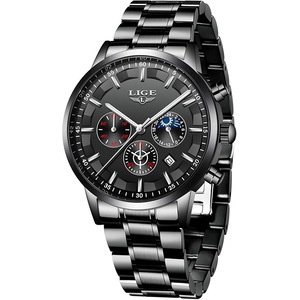 Watches Men Fashion Full Steel Quartz Analog Wristwatch Men Luxury Brand LIGE Waterproof Chronograph Date Business Dress Watch Gent Casual Balck Clock