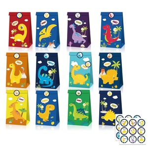 12PK Cartoon Dinosaur Paper Lolly Gift Bag & 18Pcs Mini Dinosaur Stickers for Baby Shower Kids Birthday Party Favours
