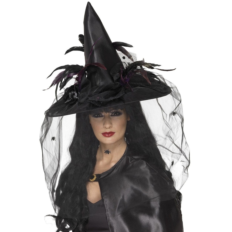 Buy Black Deluxe Witch Hat With Feathers And Netting - Mydeal