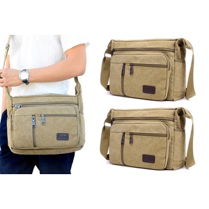 2pcs Canvas Messenger Bag Men's Sling Bag Cross Body Bag Shoulder Bag for Travel-Khaki