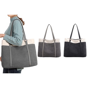 2Pcs Women Laptop Tote Bag Canvas Handbag Purse Shoulder Bag 15.6 Inch Handbag Purse-Black and Grey