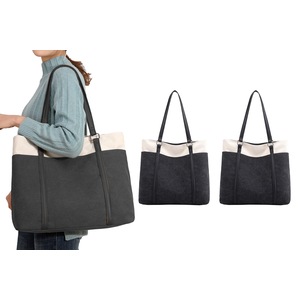 2Pcs Women Laptop Tote Bag Canvas Handbag Purse Shoulder Bag 15.6 Inch Handbag Purse-Black