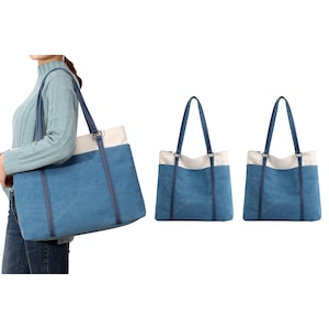 2Pcs Women Laptop Tote Bag Canvas Handbag Purse Shoulder Bag 15.6 Inch Handbag Purse-Blue