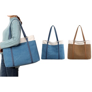 2Pcs Women Laptop Tote Bag Canvas Handbag Purse Shoulder Bag 15.6 Inch Handbag Purse-Blue and Brown