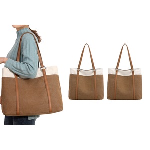 2Pcs Women Laptop Tote Bag Canvas Handbag Purse Shoulder Bag 15.6 Inch Handbag Purse-Brown