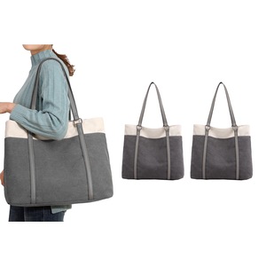 2Pcs Women Laptop Tote Bag Canvas Handbag Purse Shoulder Bag 15.6 Inch Handbag Purse-Grey