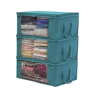 3Pcs Clothes Quilt Blanket Storage Bag Fabric Foldable Home Organizer Zipper Box Bag - Blue
