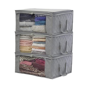 3Pcs Clothes Quilt Blanket Storage Bag Fabric Foldable Home Organizer Zipper Box Bag - Grey