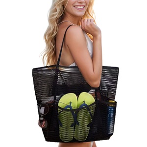 Beach Mesh Tote Bag Large Capacity Shoulder Organizer For Women-Black