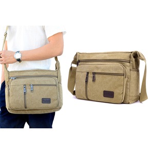 Canvas Messenger Bag Men's Sling Bag Cross Body Bag Shoulder Bag for Travel-Khaki