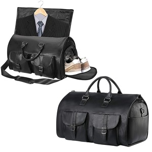 Foldable Carry on Duffel Bag PU Leather Overnight Luggage Bag With Shoes Compartment-Black