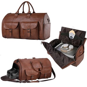 Foldable Carry on Duffel Bag PU Leather Overnight Luggage Bag With Shoes Compartment-Brown