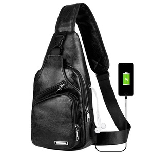 Mens Sling Bag PU Leather Bag with USB Charging Port Waterproof Casual Daypack Chest Crossbody Bag-Black