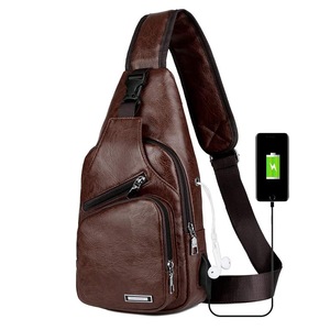 Mens Sling Bag PU Leather Bag with USB Charging Port Waterproof Casual Daypack Chest Crossbody Bag-Dark Brown