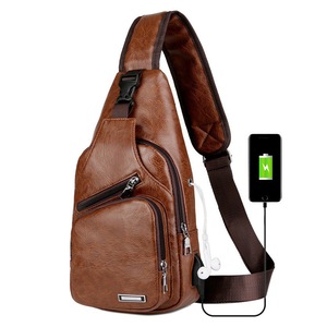 Mens Sling Bag PU Leather Bag with USB Charging Port Waterproof Casual Daypack Chest Crossbody Bag-Light Brown